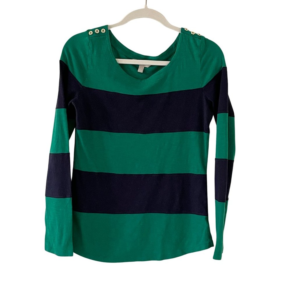 Banana Republic Long Sleeve Top Blouse Green Navy Blue Stripe Business Casual